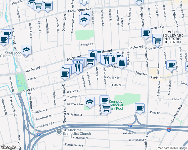 map of restaurants, bars, coffee shops, grocery stores, and more near 11 Mitchell Place in West Hartford