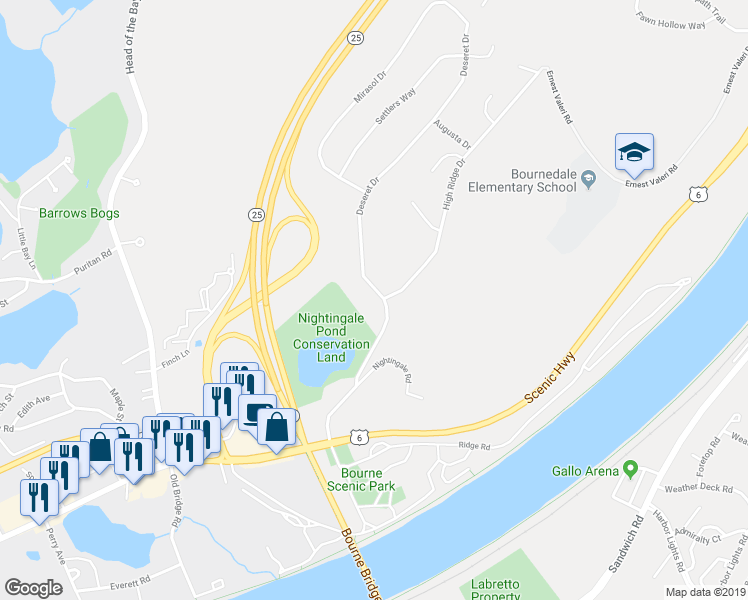 map of restaurants, bars, coffee shops, grocery stores, and more near 23 Deseret Drive in Bourne