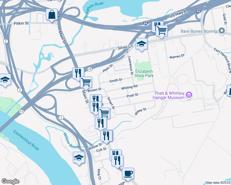 map of restaurants, bars, coffee shops, grocery stores, and more near 24 Whiting Road in East Hartford