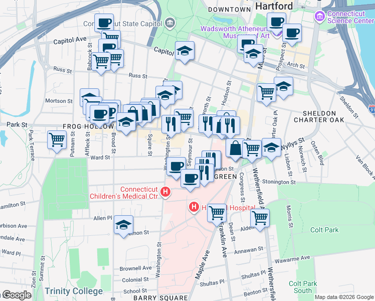map of restaurants, bars, coffee shops, grocery stores, and more near 179 Seymour Street in Hartford
