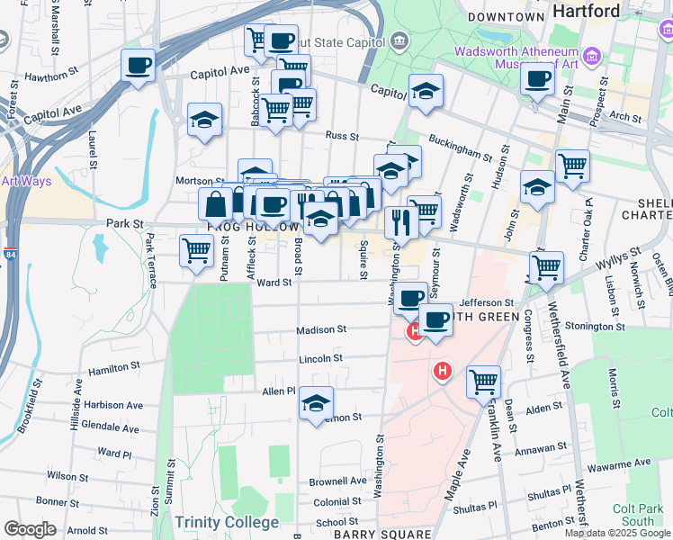map of restaurants, bars, coffee shops, grocery stores, and more near 27 Wolcott Street in Hartford