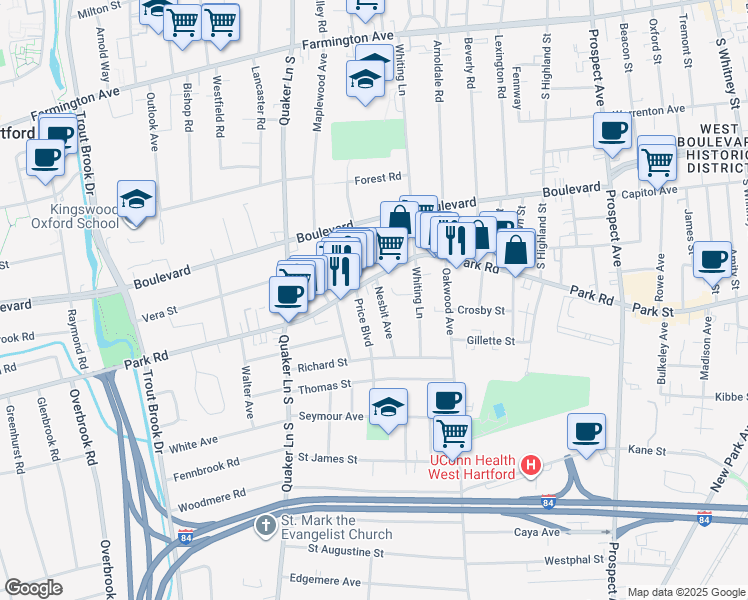 map of restaurants, bars, coffee shops, grocery stores, and more near 4 Price Boulevard in West Hartford