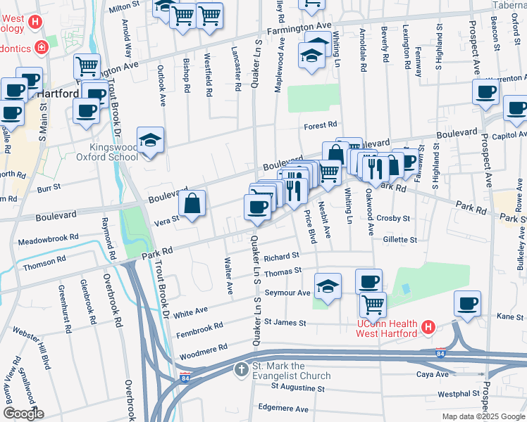 map of restaurants, bars, coffee shops, grocery stores, and more near 222 Quaker Lane South in West Hartford