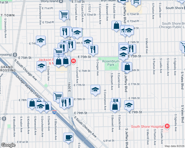 map of restaurants, bars, coffee shops, grocery stores, and more near 7559 South Ridgeland Avenue in Chicago
