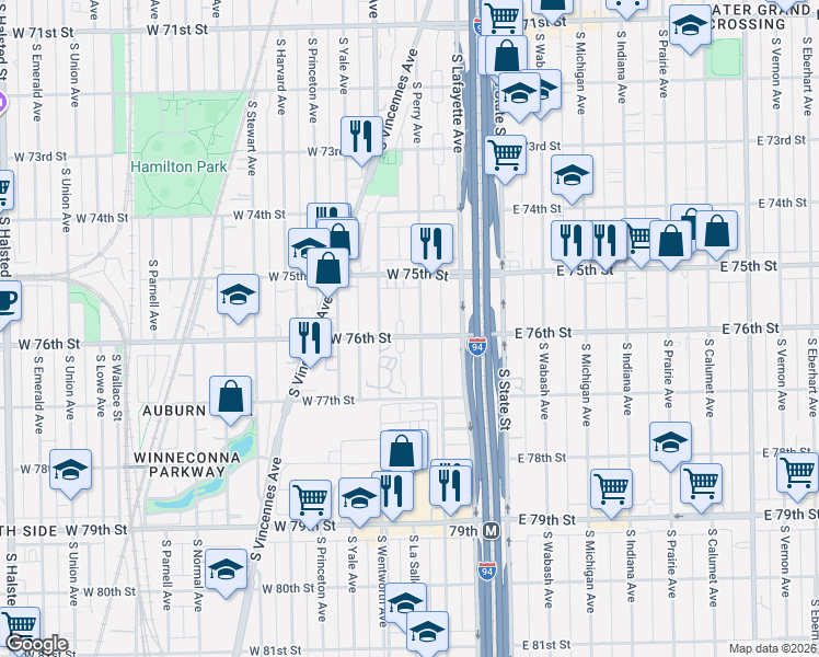 map of restaurants, bars, coffee shops, grocery stores, and more near 7538 South Perry Avenue in Chicago