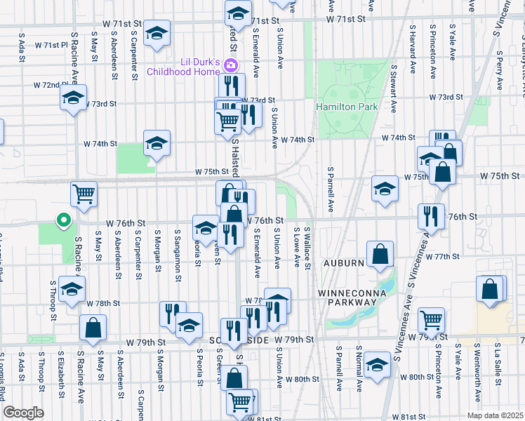 map of restaurants, bars, coffee shops, grocery stores, and more near 7530 South Union Avenue in Chicago