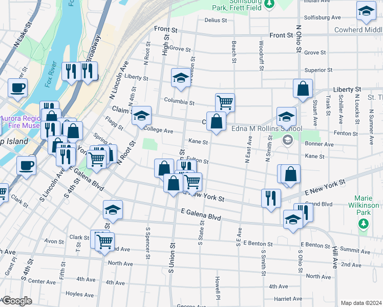 map of restaurants, bars, coffee shops, grocery stores, and more near 147 North Union Street in Aurora