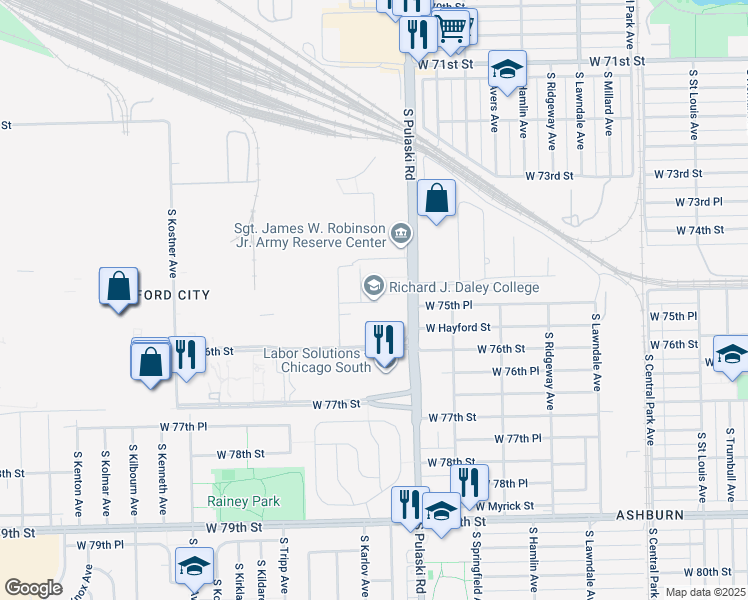 map of restaurants, bars, coffee shops, grocery stores, and more near 7500 South Pulaski Road in Chicago