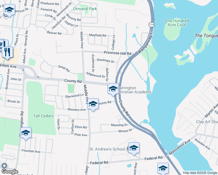 map of restaurants, bars, coffee shops, grocery stores, and more near 616 County Road in Barrington