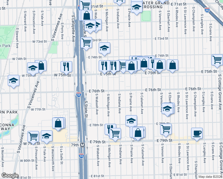 map of restaurants, bars, coffee shops, grocery stores, and more near 7549 South Michigan Avenue in Chicago