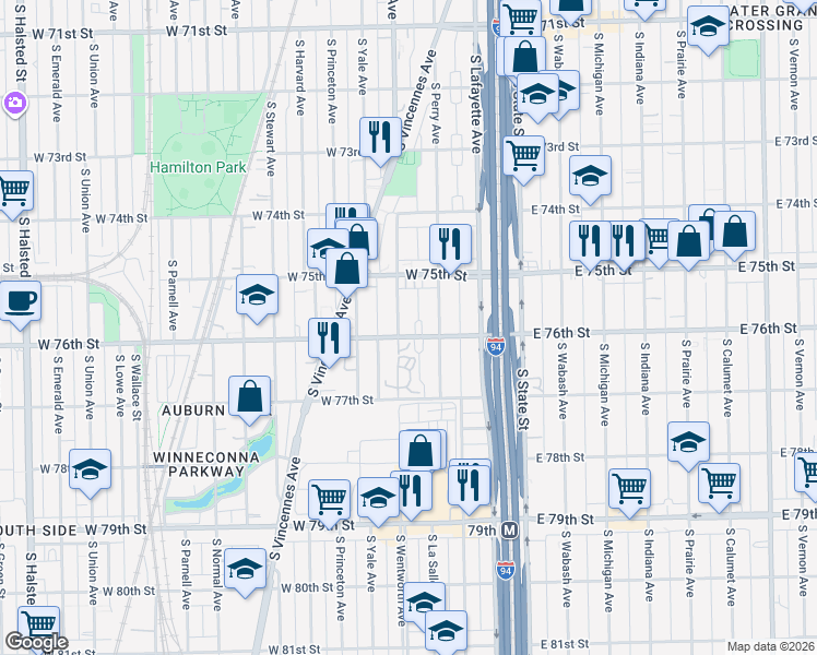 map of restaurants, bars, coffee shops, grocery stores, and more near 7538 South Perry Avenue in Chicago