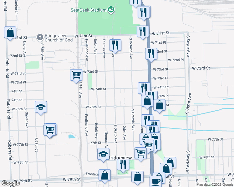 map of restaurants, bars, coffee shops, grocery stores, and more near 7323 West 74th Street in Bridgeview