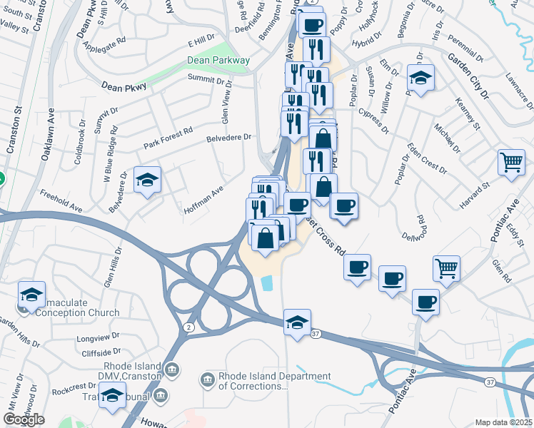 map of restaurants, bars, coffee shops, grocery stores, and more near 1000 Chapel View Boulevard in Cranston
