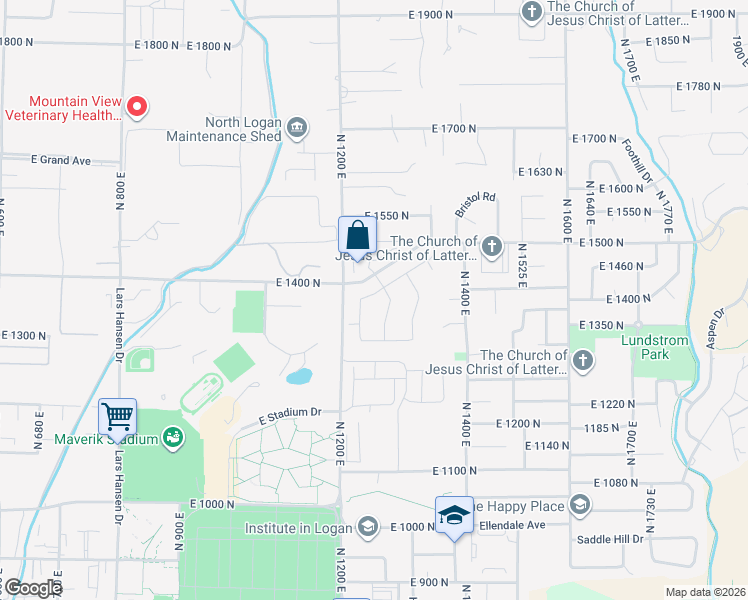 map of restaurants, bars, coffee shops, grocery stores, and more near 1238 East Talmage Lane in Logan