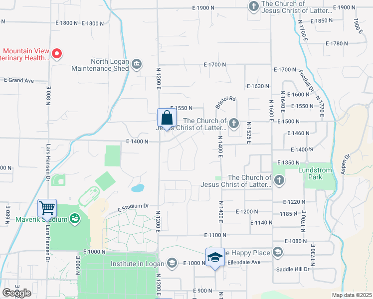 map of restaurants, bars, coffee shops, grocery stores, and more near 1362 North 1250 East in Logan