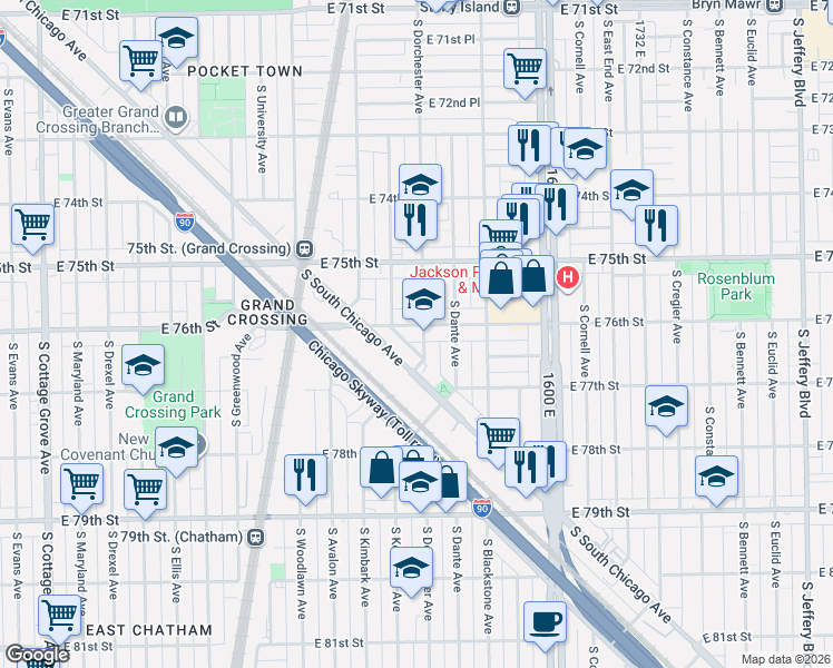 map of restaurants, bars, coffee shops, grocery stores, and more near 1354 East 76th Street in Chicago