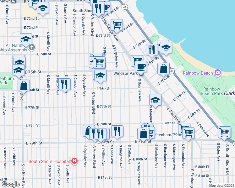 map of restaurants, bars, coffee shops, grocery stores, and more near 2543 East 76th Street in Chicago