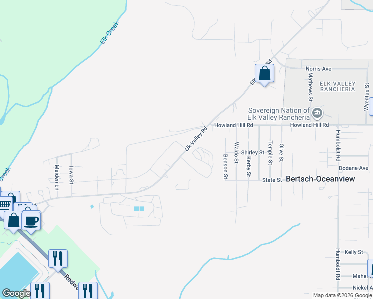 map of restaurants, bars, coffee shops, grocery stores, and more near 641 Elk Valley Road in Crescent City