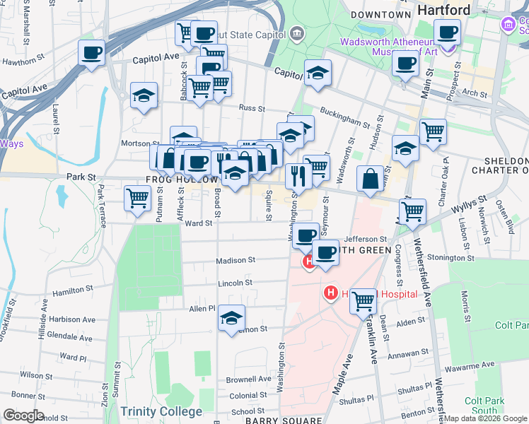 map of restaurants, bars, coffee shops, grocery stores, and more near 37/35 Squire Street in Hartford