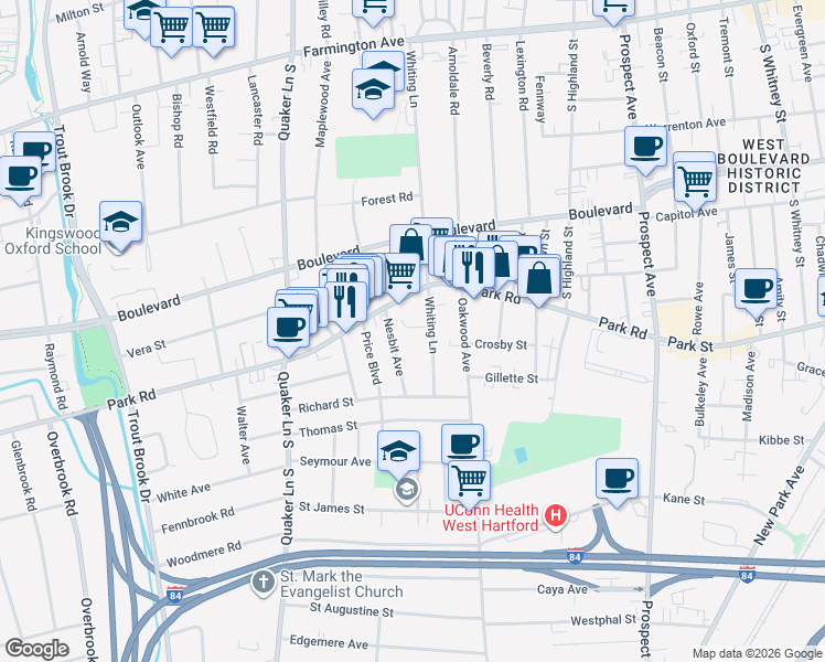 map of restaurants, bars, coffee shops, grocery stores, and more near 16 Mitchell Place in West Hartford