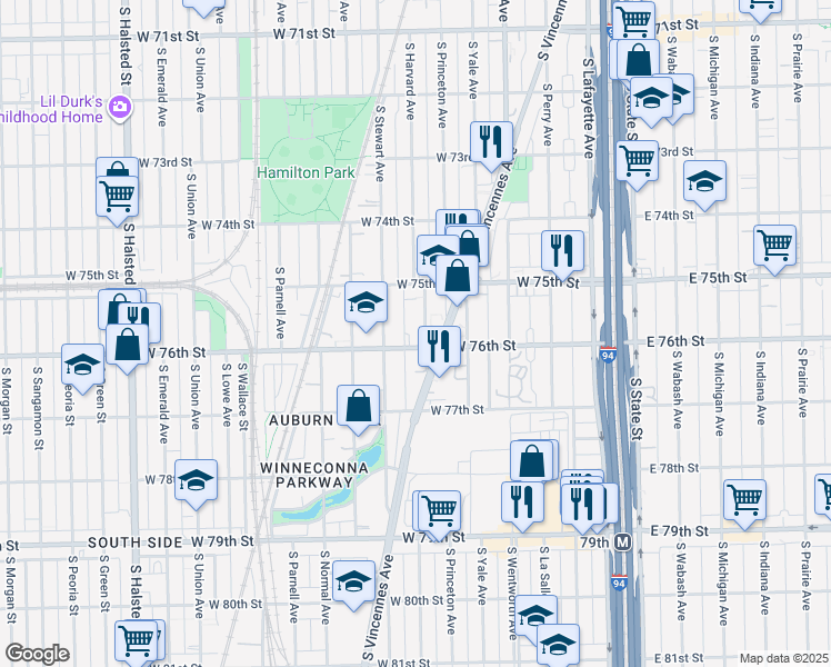 map of restaurants, bars, coffee shops, grocery stores, and more near 7534 South Harvard Avenue in Chicago