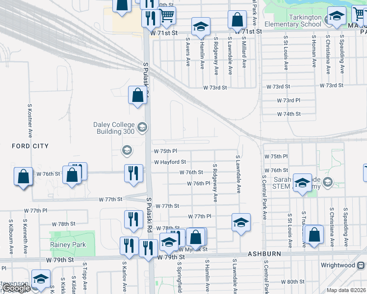 map of restaurants, bars, coffee shops, grocery stores, and more near 3800 West 75th Place in Chicago