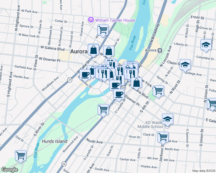 map of restaurants, bars, coffee shops, grocery stores, and more near 23 East Downer Place in Aurora