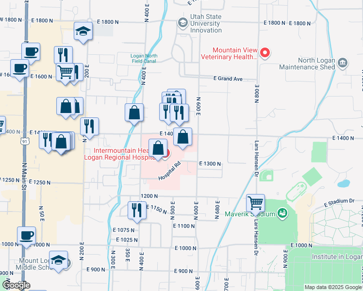 map of restaurants, bars, coffee shops, grocery stores, and more near 550 East 1400 North in Logan