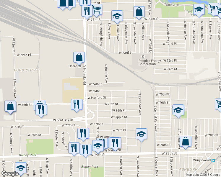 map of restaurants, bars, coffee shops, grocery stores, and more near 3800 West 75th Place in Chicago