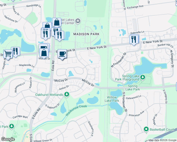 map of restaurants, bars, coffee shops, grocery stores, and more near 182 Glen Drive in Aurora