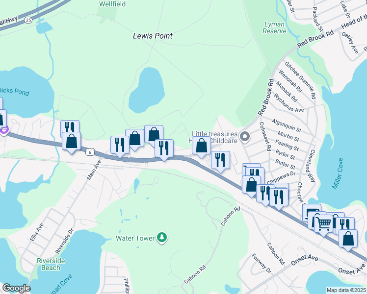 map of restaurants, bars, coffee shops, grocery stores, and more near 3102 Cranberry Highway in Wareham