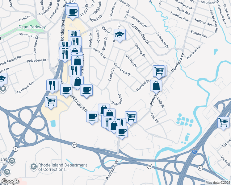 map of restaurants, bars, coffee shops, grocery stores, and more near 18 Dellwood Road in Cranston