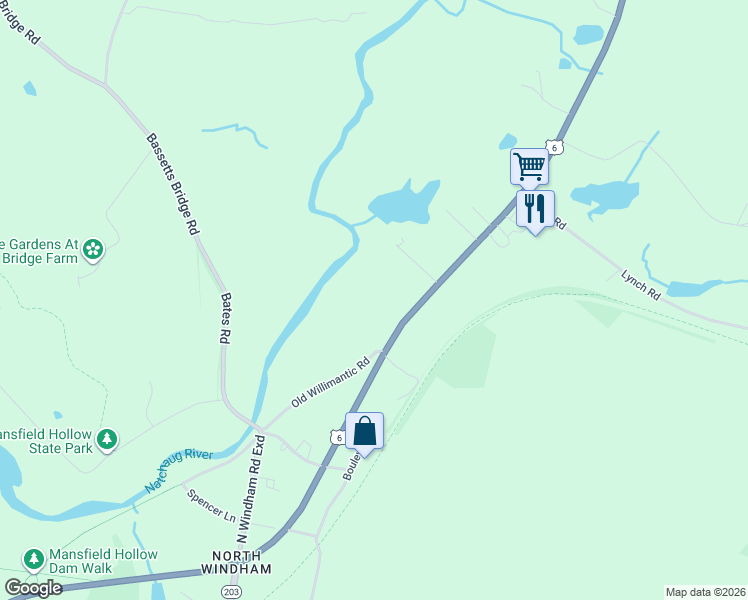 map of restaurants, bars, coffee shops, grocery stores, and more near 260 Willimantic Road in Chaplin