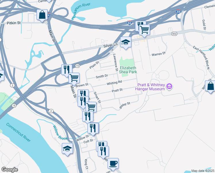 map of restaurants, bars, coffee shops, grocery stores, and more near 57 Whiting Road in East Hartford