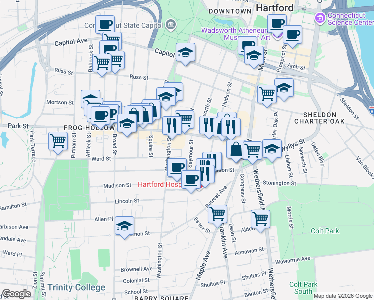 map of restaurants, bars, coffee shops, grocery stores, and more near 179 Seymour Street in Hartford