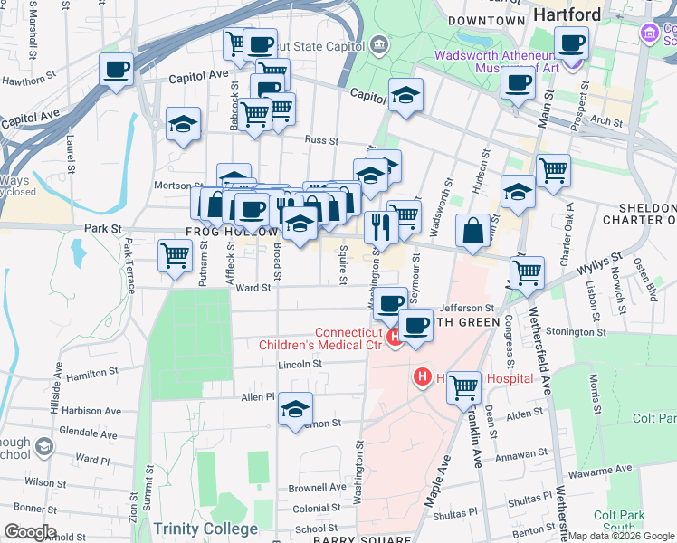 map of restaurants, bars, coffee shops, grocery stores, and more near 37/35 Squire Street in Hartford