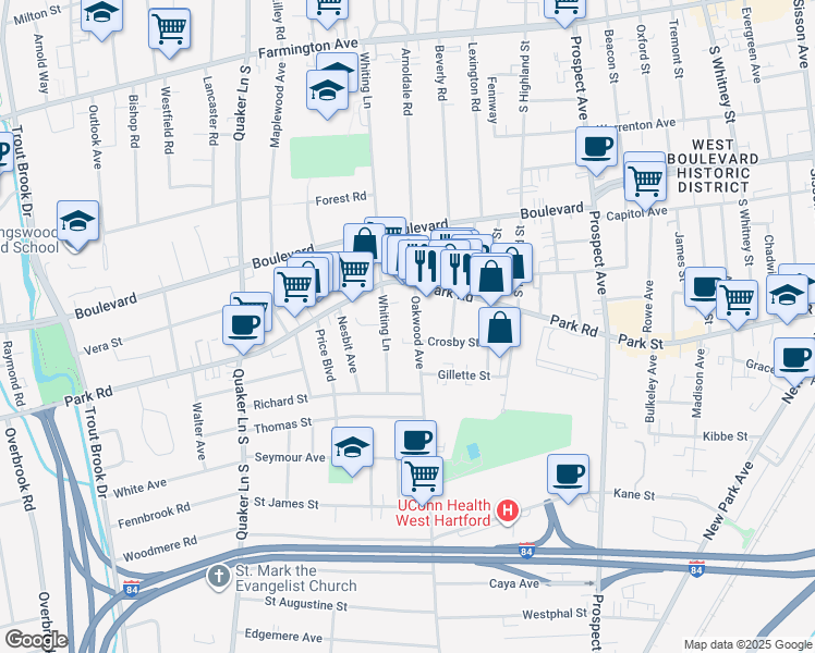 map of restaurants, bars, coffee shops, grocery stores, and more near 23 Oakwood Avenue in West Hartford