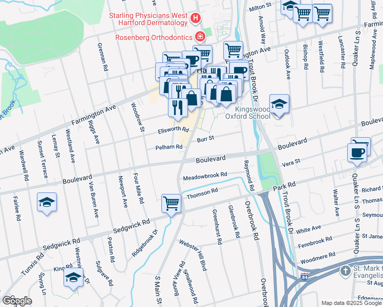 map of restaurants, bars, coffee shops, grocery stores, and more near 68 South Main Street in West Hartford