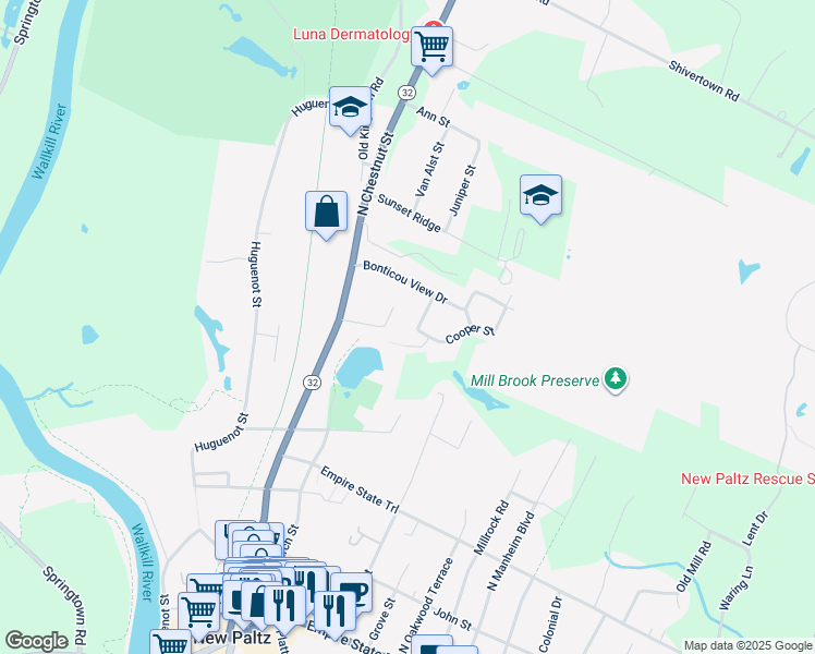 map of restaurants, bars, coffee shops, grocery stores, and more near Veterans Drive in New Paltz