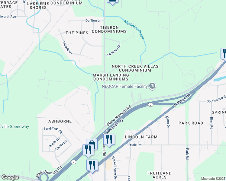 map of restaurants, bars, coffee shops, grocery stores, and more near 1870 Marsh Lane in Painesville
