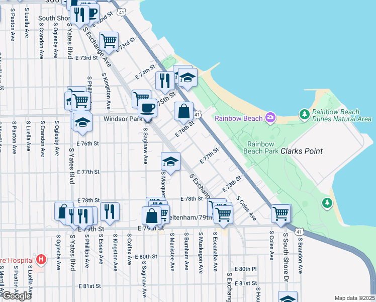 map of restaurants, bars, coffee shops, grocery stores, and more near 2822 East 76th Place in Chicago