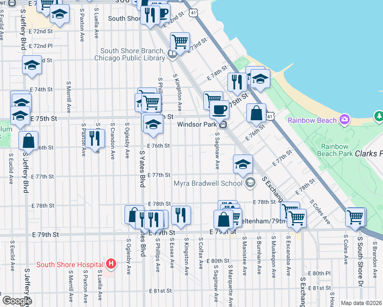 map of restaurants, bars, coffee shops, grocery stores, and more near 2543 East 76th Street in Chicago