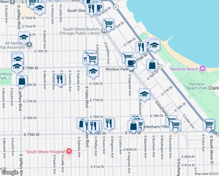 map of restaurants, bars, coffee shops, grocery stores, and more near 2543 East 76th Street in Chicago
