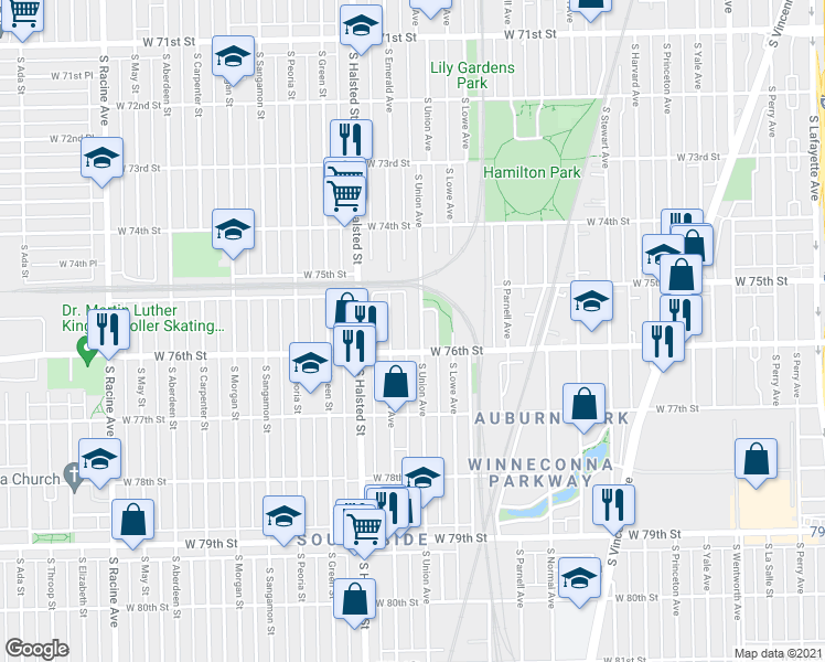 map of restaurants, bars, coffee shops, grocery stores, and more near 7530 South Union Avenue in Chicago