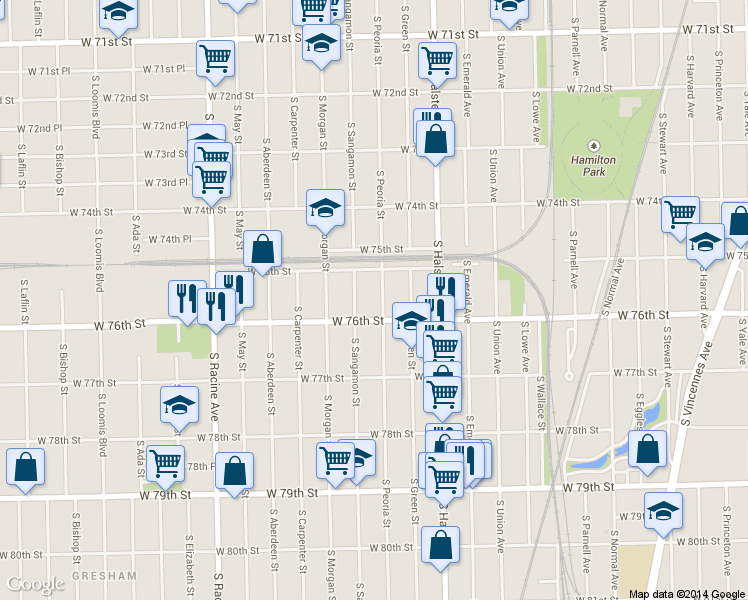 map of restaurants, bars, coffee shops, grocery stores, and more near 7523 South Peoria Street in Chicago