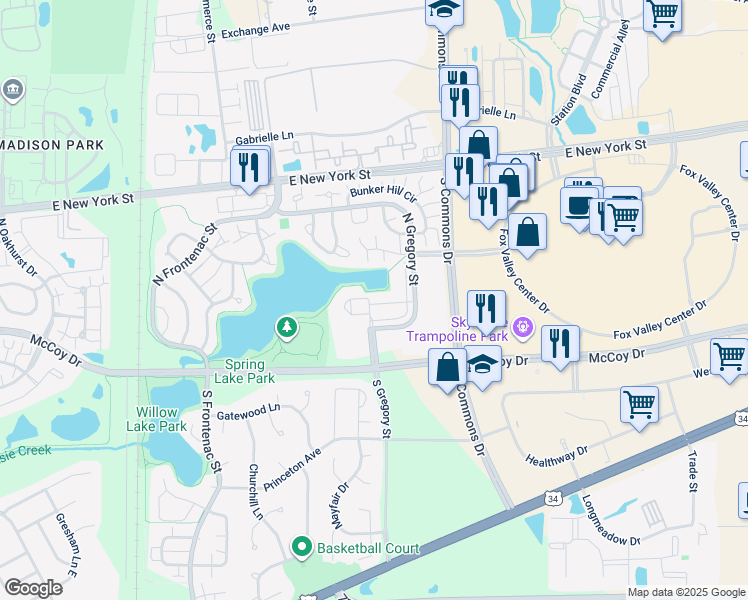 map of restaurants, bars, coffee shops, grocery stores, and more near 168 North Gregory Street in Aurora