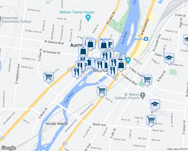 map of restaurants, bars, coffee shops, grocery stores, and more near 67 South Stolp Avenue in Aurora