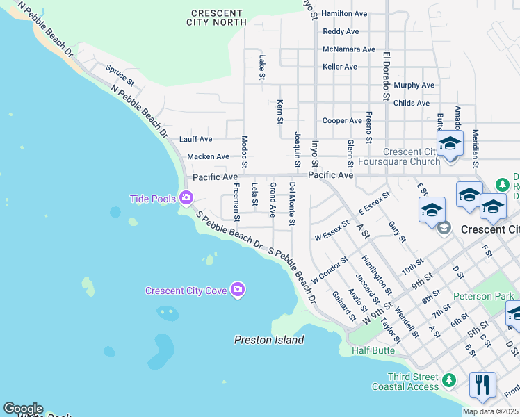 map of restaurants, bars, coffee shops, grocery stores, and more near 250 Grand Avenue in Crescent City