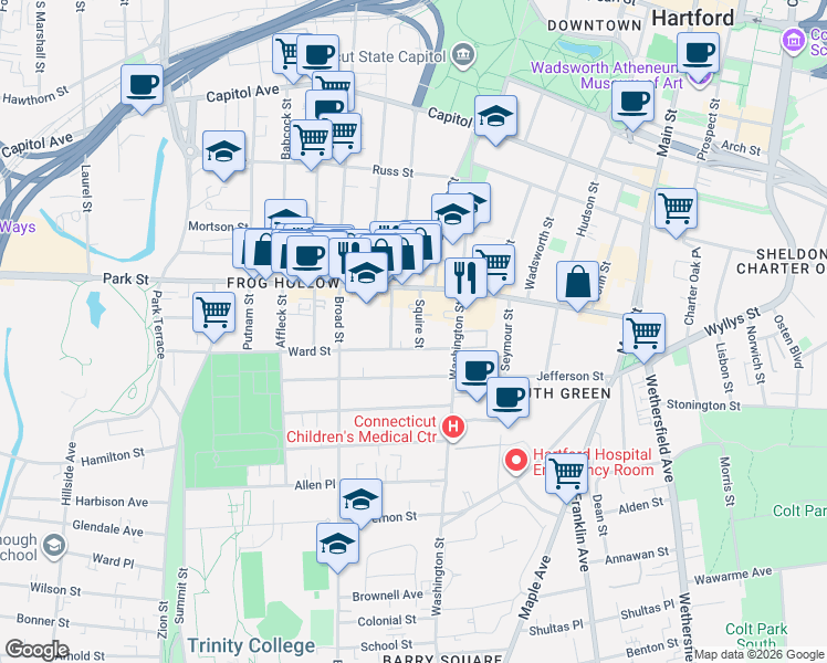 map of restaurants, bars, coffee shops, grocery stores, and more near 37/35 Squire Street in Hartford