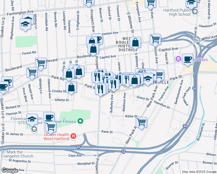map of restaurants, bars, coffee shops, grocery stores, and more near 2074 Park Street in Hartford